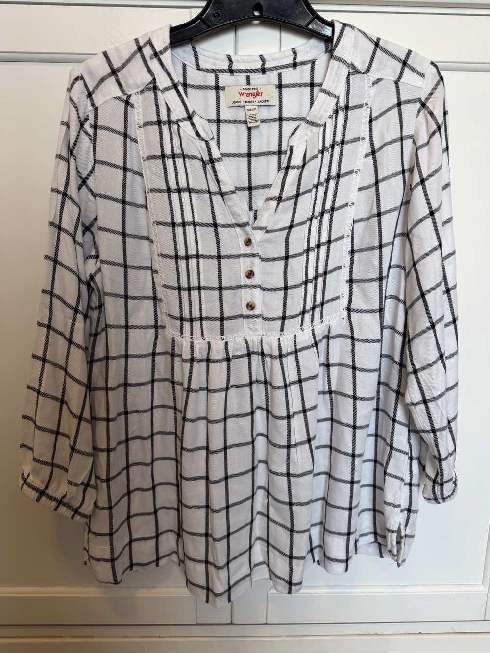 Wrangler White Black Windowpane Plaid Peasant Top Small